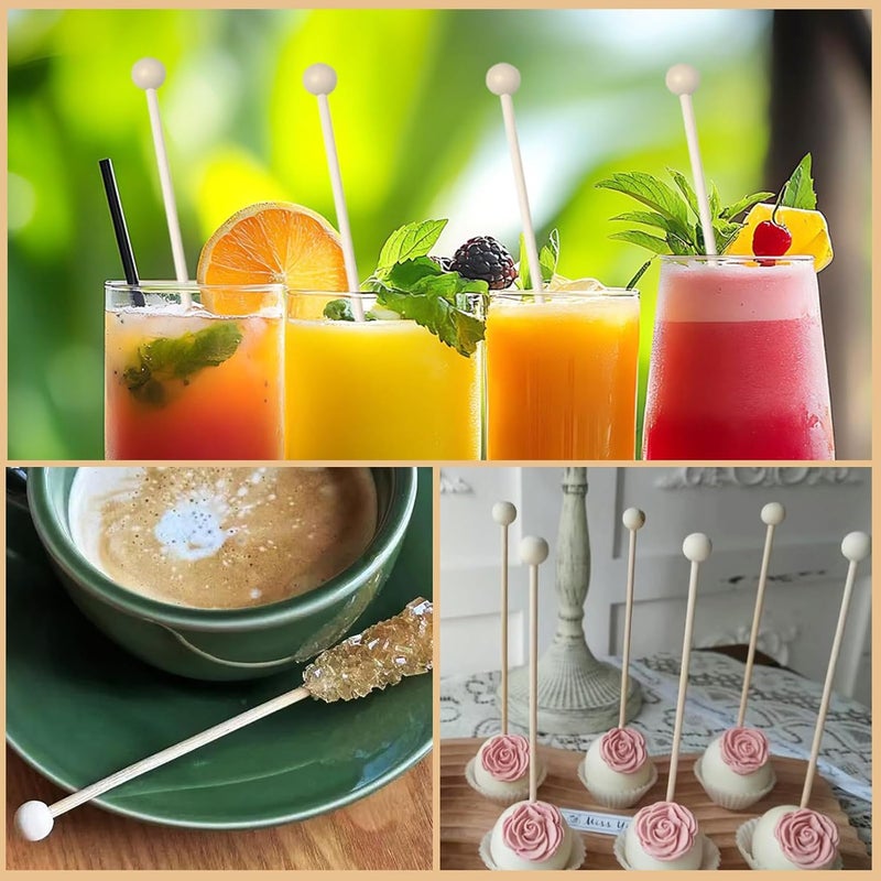 OSSIJAY 100 Pieces 6Inch Rock Candy Sticks with Ball Wooden Sticks Wood Cake Sticks Drink Stirrer Sticks for Lollipop Coffee Appetizer Skewers (Round) - Image 5